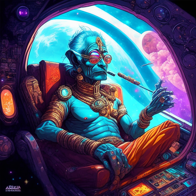 Hindu God Krishna in Stan Lee artwork smoking joints in their spaceship cockpit looking at the galaxy. 