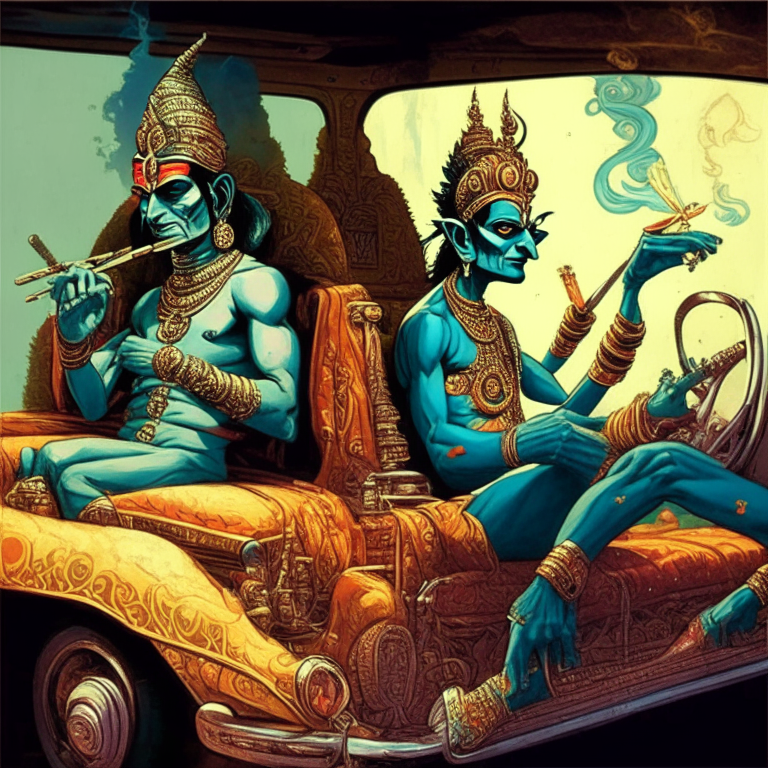 Hindu God Krishna  and Arjuna in Stan Lee artwork smoking joints in their lowrider car looking at the mahabharata war. 