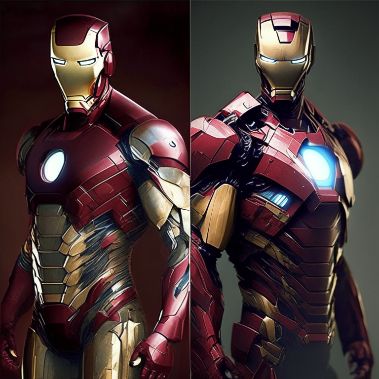 Change to women in iron man costumes with altered facial features. change to women in iron man costumes