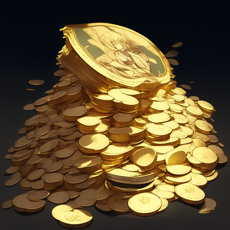 an anime-style pile of money with a gold coin on top of it