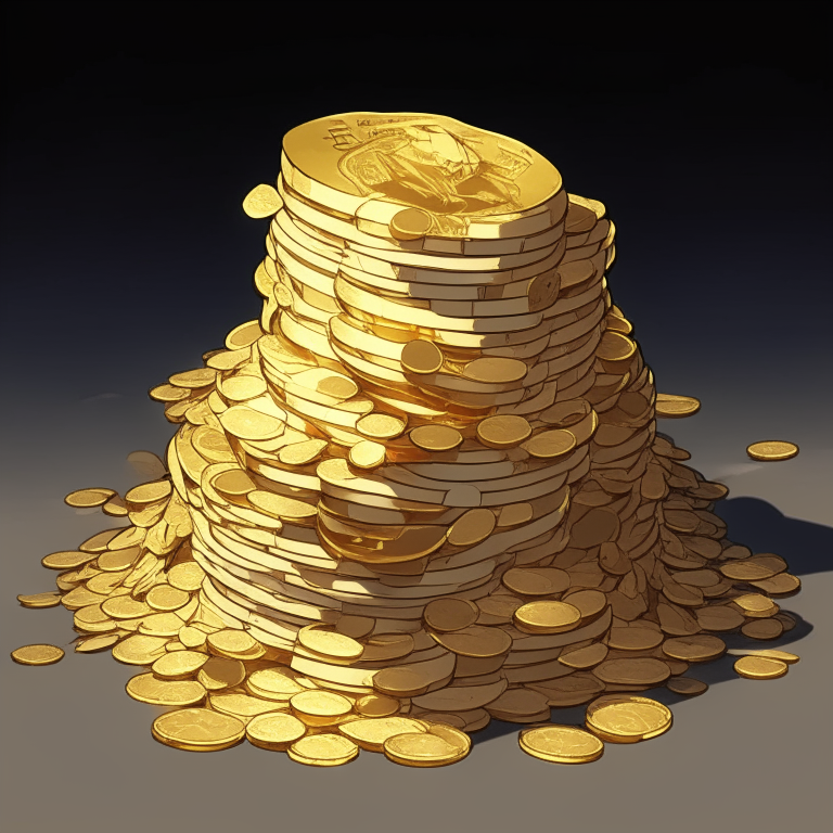 an anime-style pile of money with a gold coin on top of it