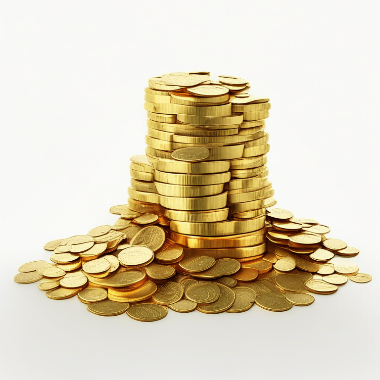 a pile of gold coins on a white background