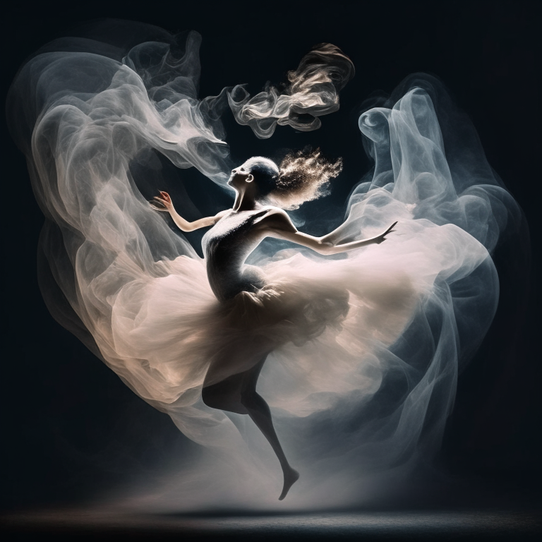 a dancing ballerina in a whirling smoke