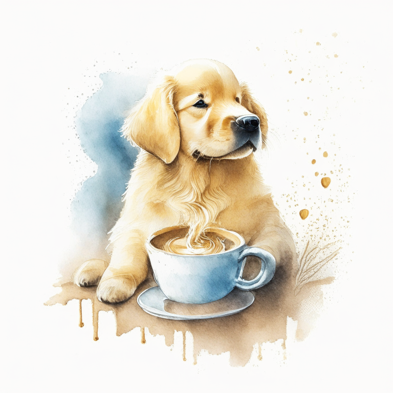 a Golden Retriever puppy drinking a latte with heart-shaped art, in a watercolor style