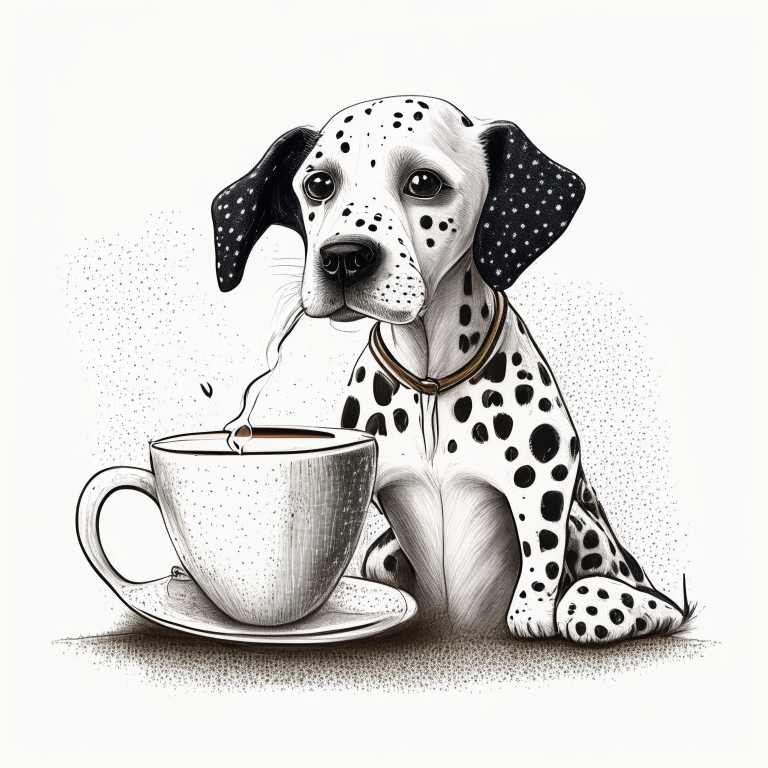 a Dalmatian puppy drinking a latte with heart-shaped art, in a sketch style