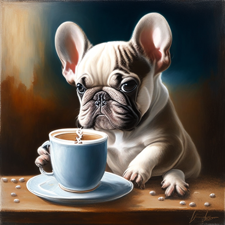 a French Bulldog puppy drinking a latte with heart-shaped art, in an oil painting style