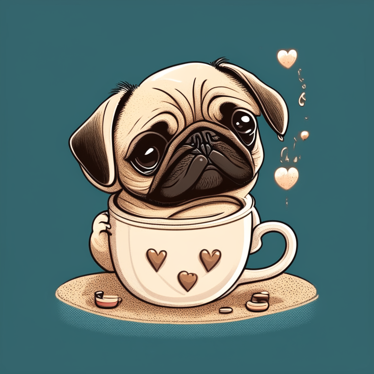 a Pug puppy drinking a latte with heart-shaped art, in a cartoon style