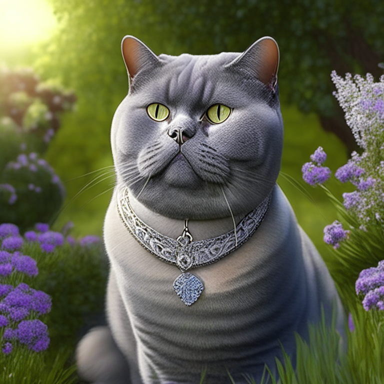 A beautiful british shorthair with a necklace in the garden