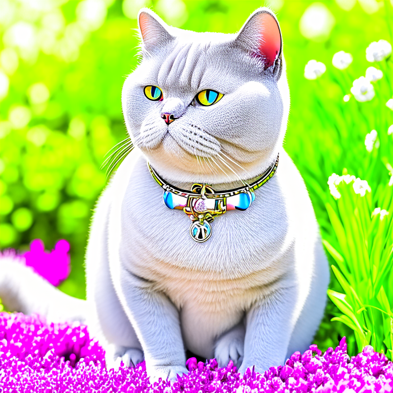 A beautiful british shorthair with a necklace in the garden