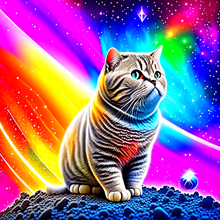 British Shorthair silver shaded tabby , in the rainbow,  space , galaxy 