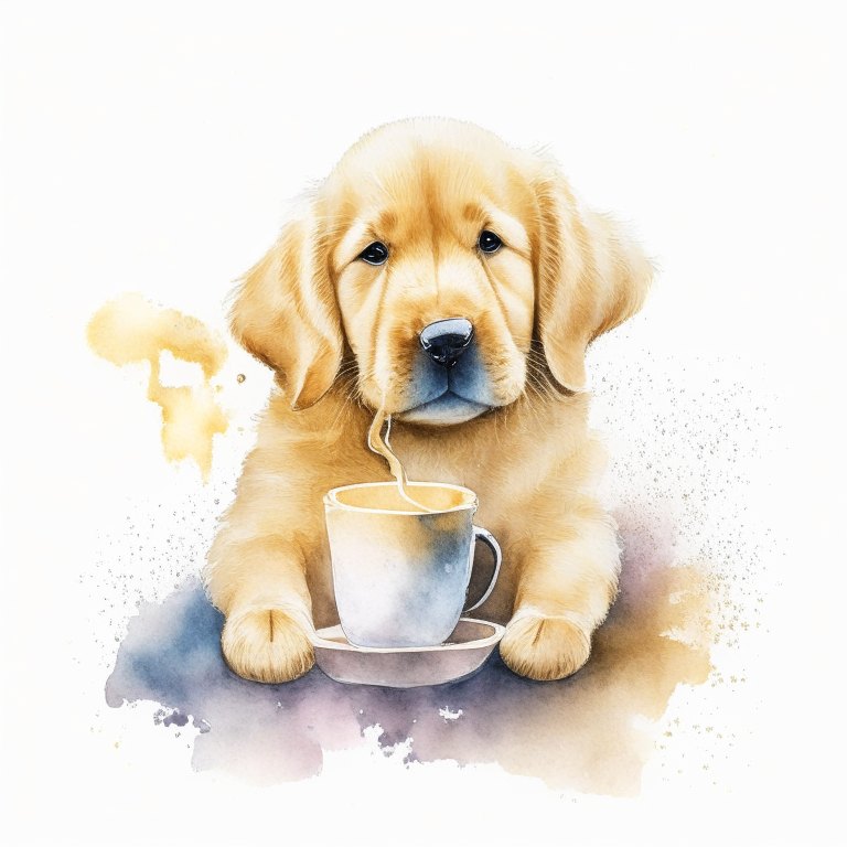 a golden retriever puppy drinking a latte with heart-shaped art, in a watercolor style