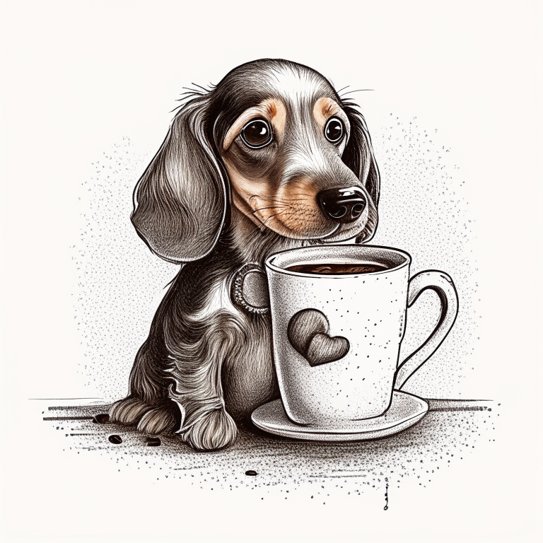 a dachshund puppy drinking a latte with heart-shaped art, in a sketch style