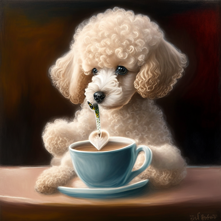 a poodle puppy drinking a latte with heart-shaped art, in an oil painting style