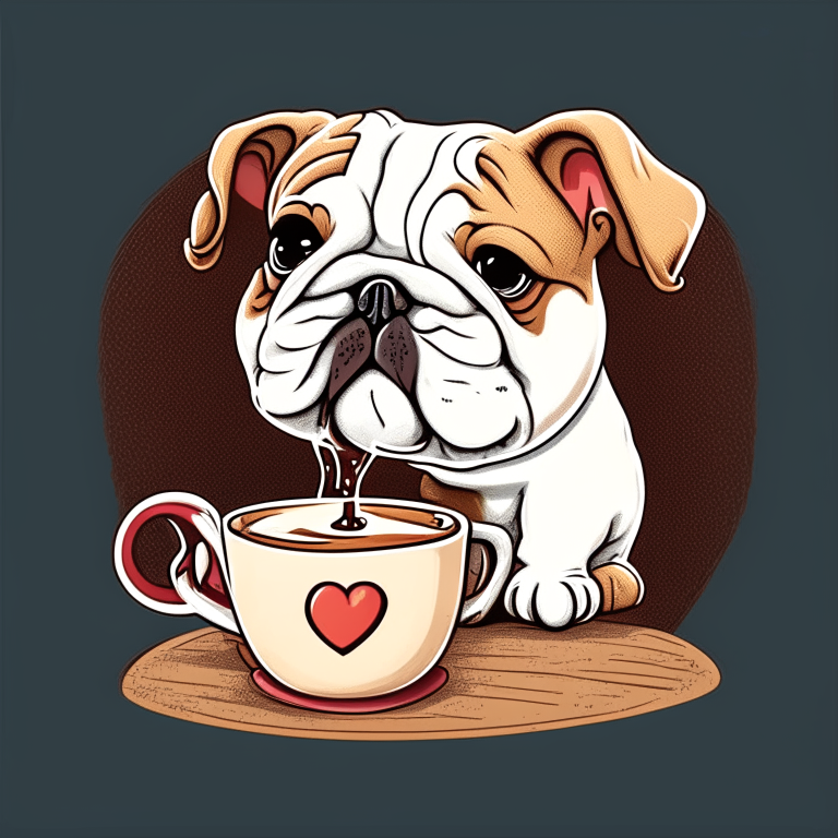 a bulldog puppy drinking a latte with heart-shaped art, in a cartoon style