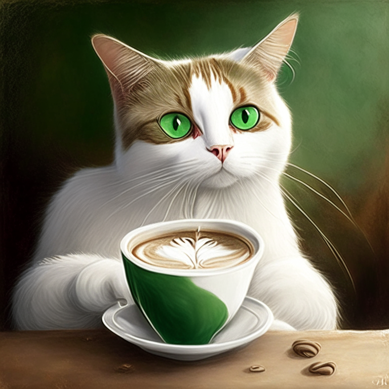 a white and brown cat with green eyes drinking a latte with heart-shaped art