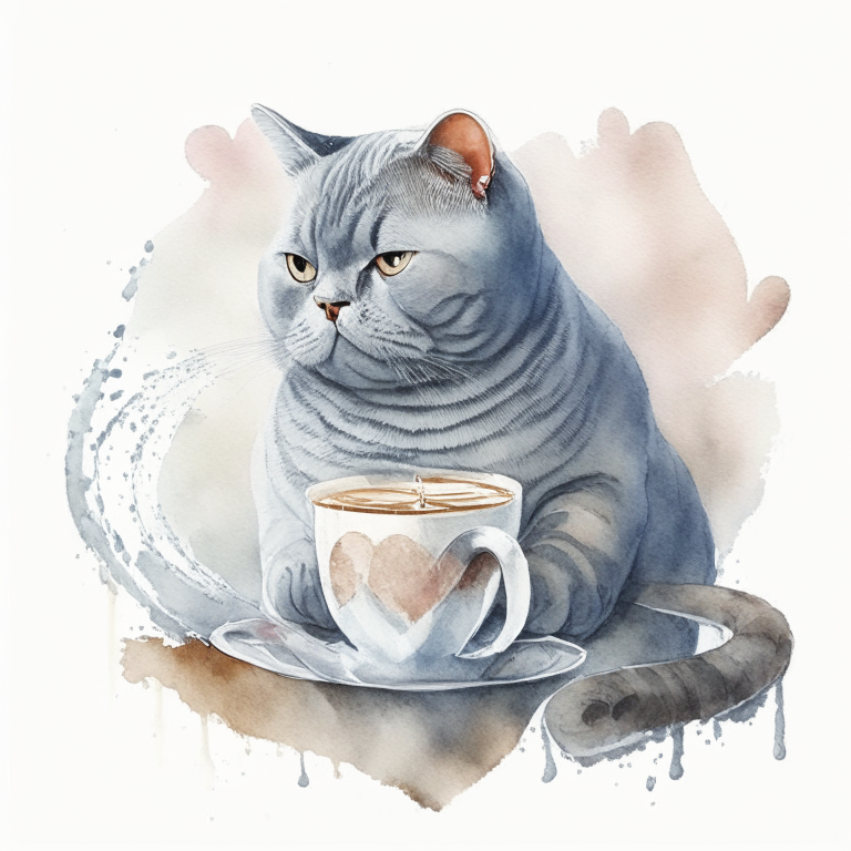 a British Shorthair silver shaded tabby drinking a latte with heart-shaped art, in a watercolor style