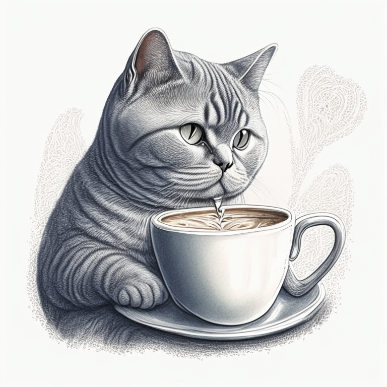 a British Shorthair silver shaded tabby drinking a latte with heart-shaped art, in a sketch style