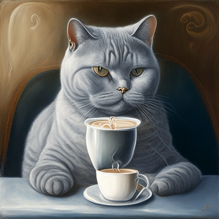 a British Shorthair silver shaded tabby drinking a latte with heart-shaped art, in an oil painting style