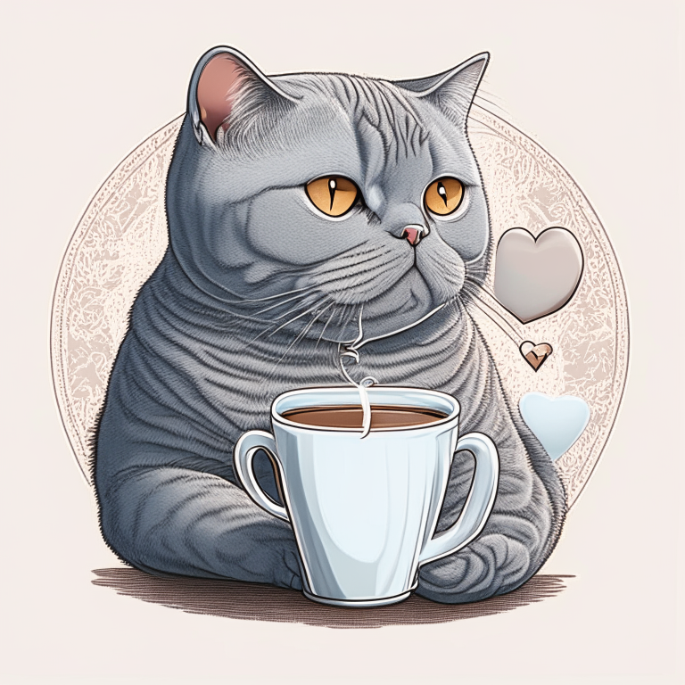 a British Shorthair silver shaded tabby drinking a latte with heart-shaped art, in a cartoon style