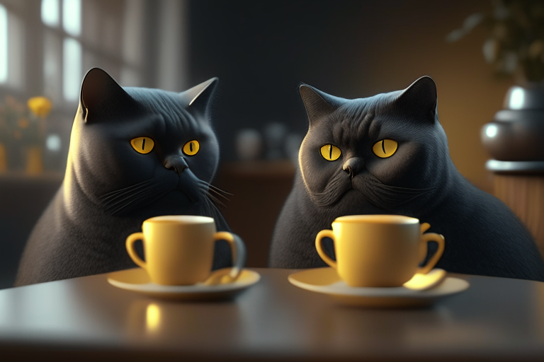 4 black British shorthairs drinking latte with coffee, yellow eyes, cozy atmosphere, octane render, 4k