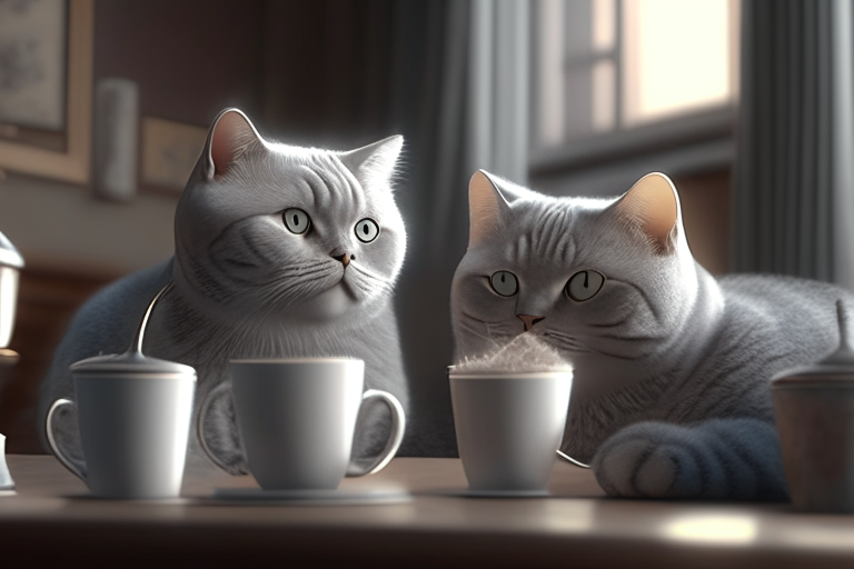 4 British Shorthair Silver Shaded Tabby cats drinking latte, cozy atmosphere, octane render, 4k