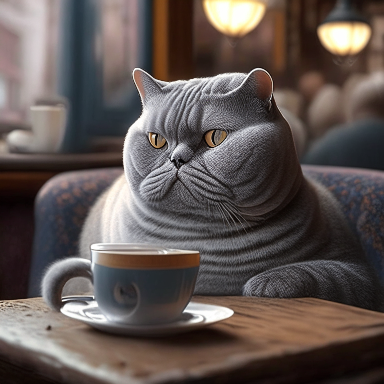 a British Shorthair cat drinking coffee in a cozy cafe