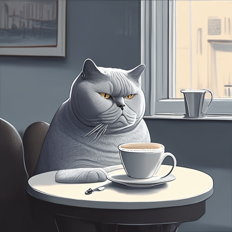 a British Shorthair silver drinking coffee in a cozy cafe with a minimalist design