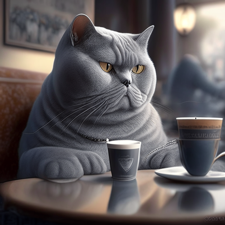 a British Shorthair silver drinking coffee in a cozy cafe with a modern design