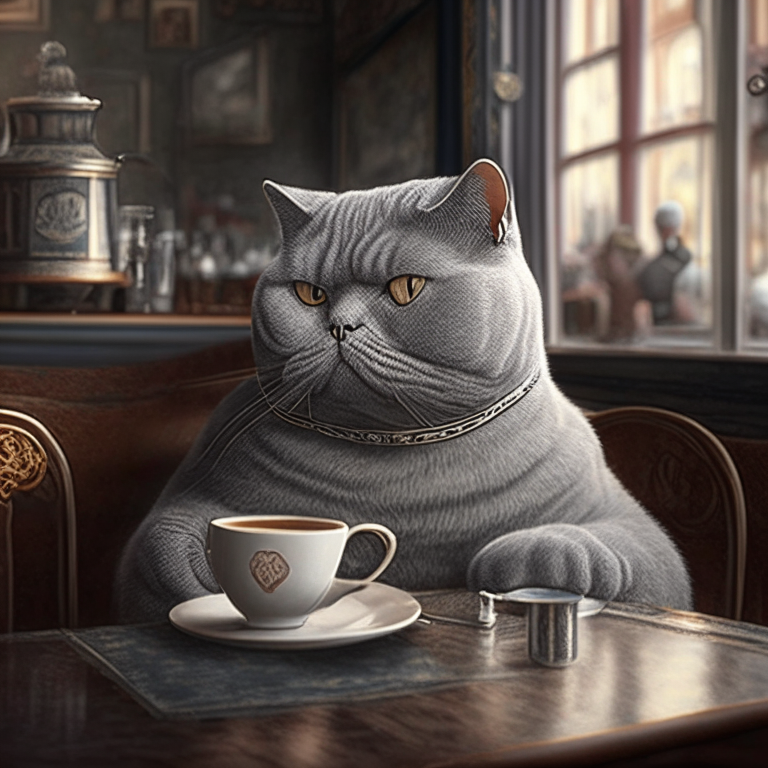 a British Shorthair silver drinking coffee in a cozy cafe with a vintage design