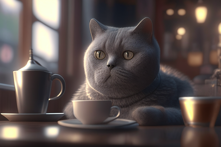 A Silver British Shorthair drinking coffee in a cozy cafe, with a warm and inviting atmosphere, octane render, 4k