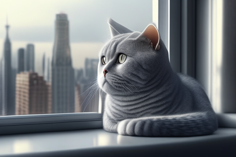 A British Shorthair Silver Shaded Tabby sitting on a windowsill, looking out at the city skyline, octane render, 4k