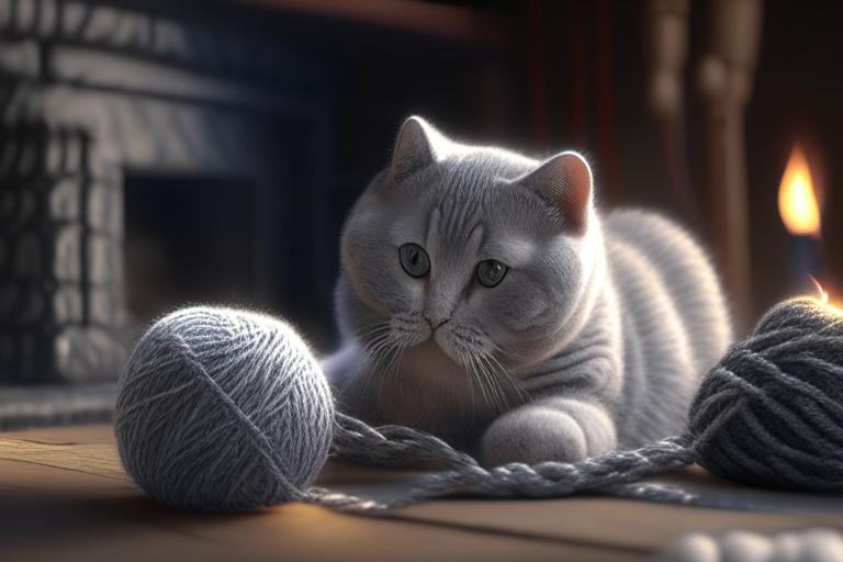 A British Shorthair Silver Shaded Tabby playing with a ball of yarn, with a cozy fireplace in the background, octane render, 4k