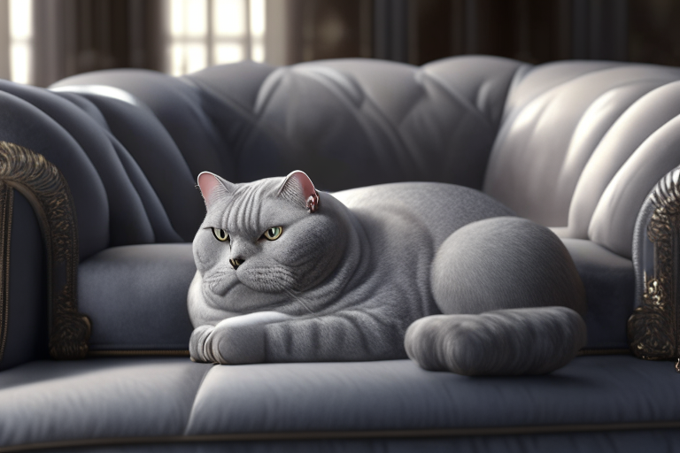 A British Shorthair Silver Shaded Tabby lounging on a plush sofa, surrounded by luxurious decor, octane render, 4k