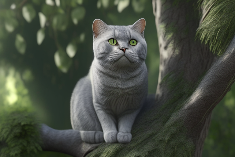 A British Shorthair Silver Shaded Tabby perched on a tree branch, surrounded by lush greenery, octane render, 4k