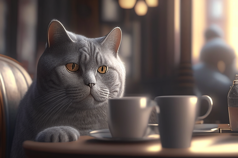 A British Shorthair Silver Shaded Tabby drinking coffee in a cozy cafe, with a warm and inviting atmosphere, octane render, 4k