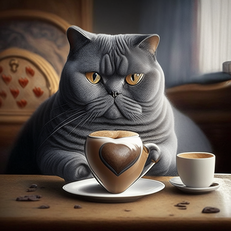 a British Shorthair drinking coffee with heart shaped art