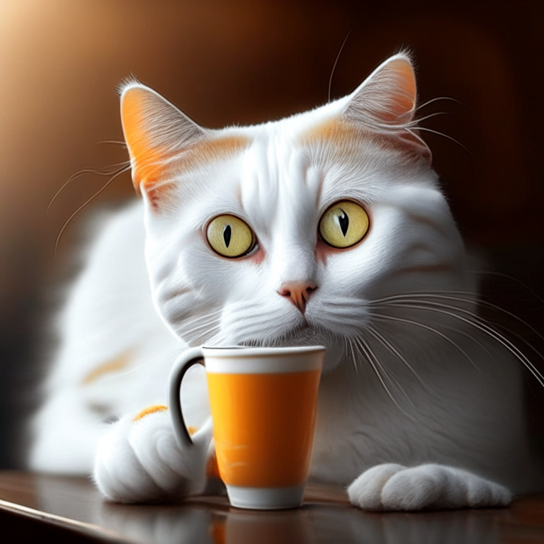 a white tabby cat with orange eyes drinking coffee