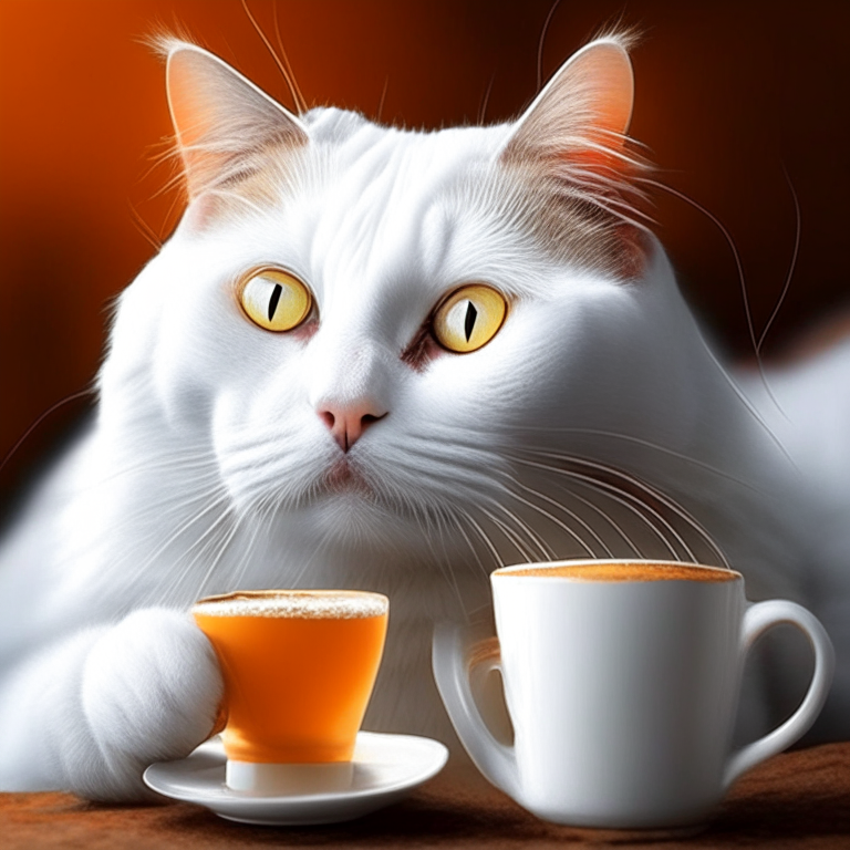 a white tabby cat with orange eyes drinking coffee