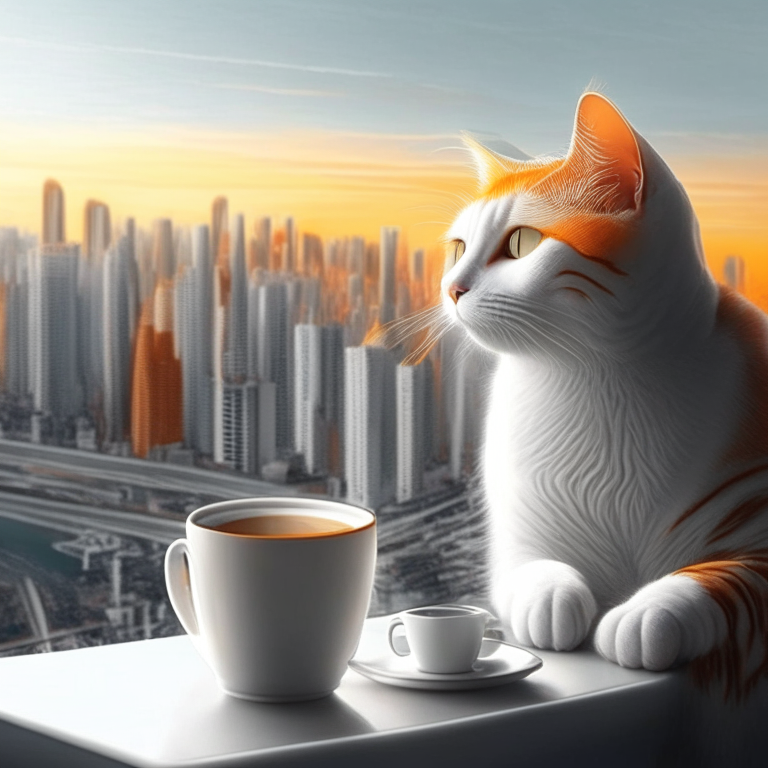 a white tabby cat with orange eyes drinking coffee with a view of the city