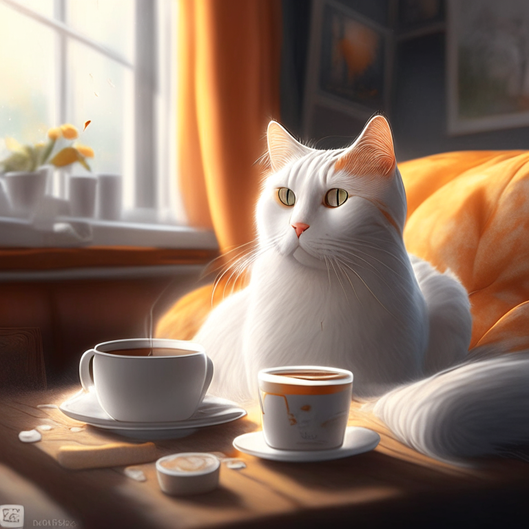 a white tabby cat with orange eyes drinking coffee in a cozy living room