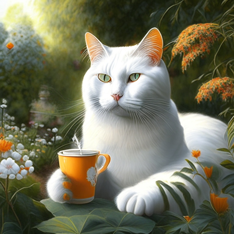 a white tabby cat with orange eyes drinking coffee in a garden