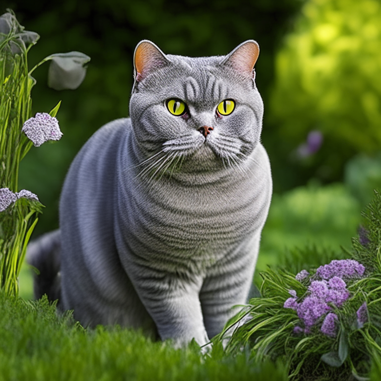 a silver tabby British Shorthair in the garden