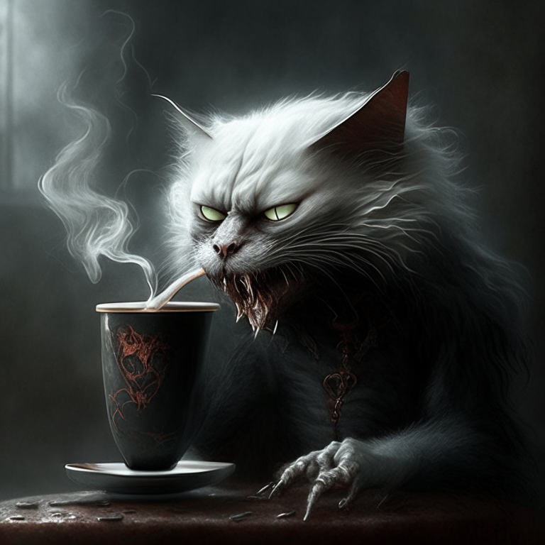 a vampire cat drinking coffee