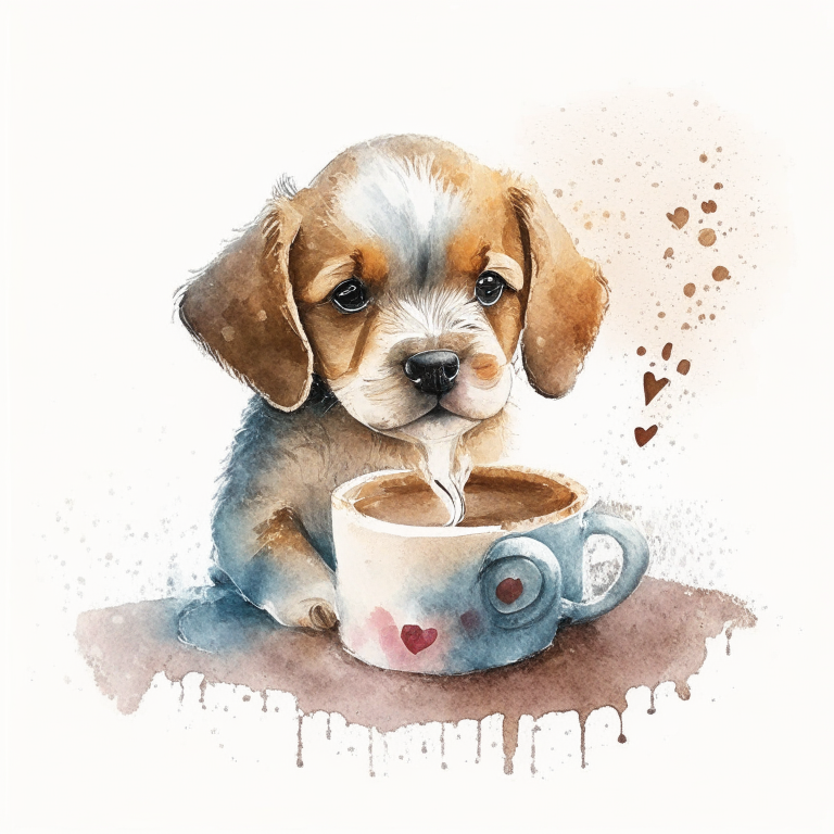 a puppy drinking a latte with heart-shaped art, in a watercolor style