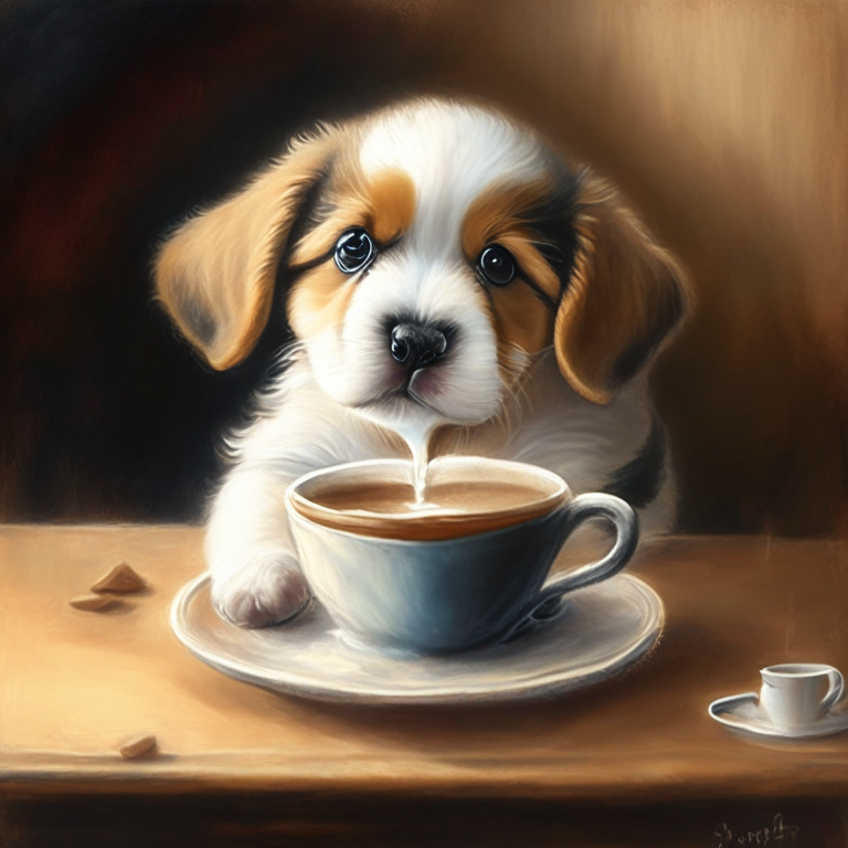 a puppy drinking a latte with heart-shaped art, in an oil painting style