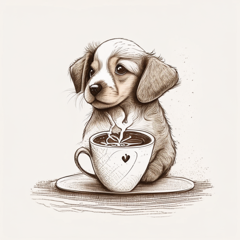 a puppy drinking a latte with heart-shaped art, in a sketch style