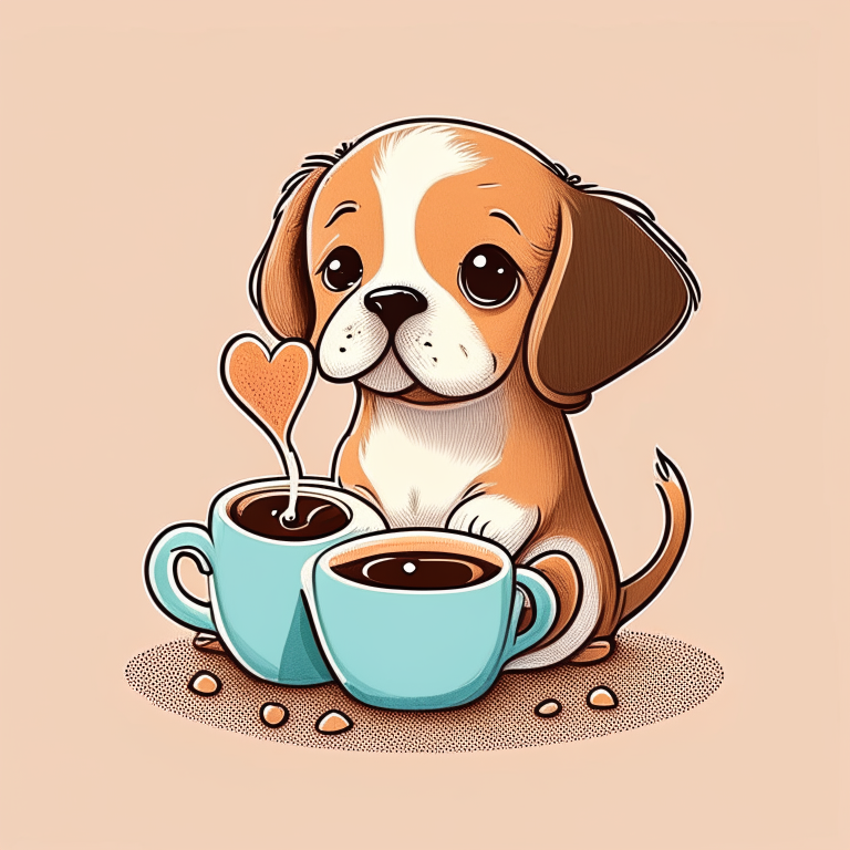 a puppy drinking a latte with heart-shaped art, in a cartoon style