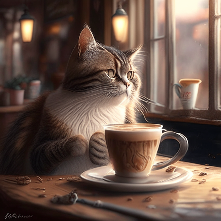 a beautiful cat drinking coffee in a cozy cafe