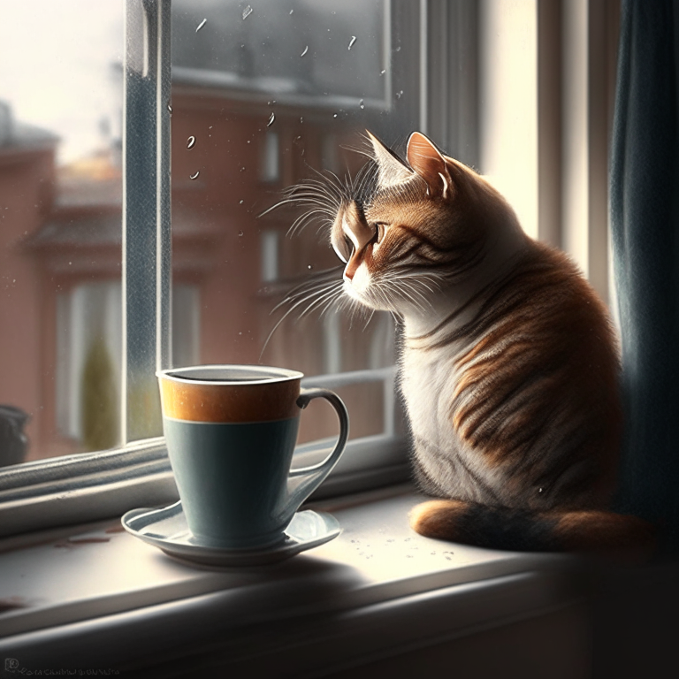 a cat sipping coffee from a mug on a windowsill