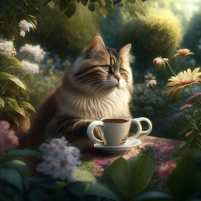 a cat enjoying a cup of coffee in a garden